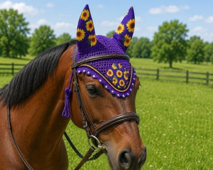 Horse Ear Bonnet for Horses, Sunflower Print Fly Bonnet with Crystal Edge, Handmade Crochet Fly Veil, Breathable Stretch Ears (Purple- Sunflower, Pony)