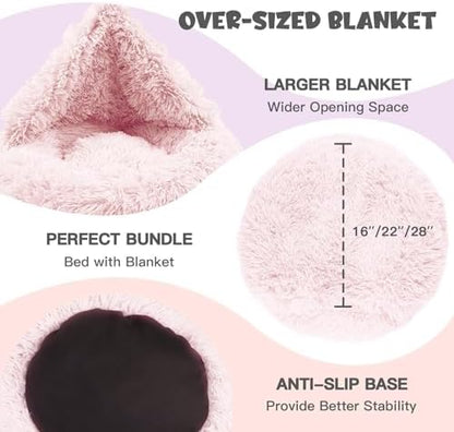Himax 35in Covered Large Dog Bed with Blanket Attached Calming Burrow Pink