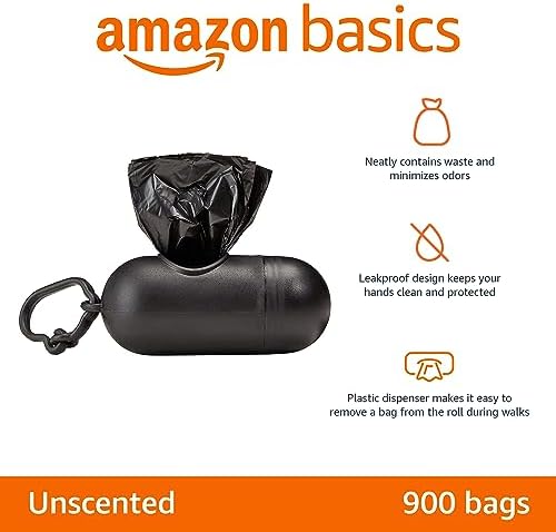 Amazon Basics Dog Poop Leak Proof Bags with Dispenser and Leash Clip, Unscented, 13" x 9", 900 Count (60 Rolls)
