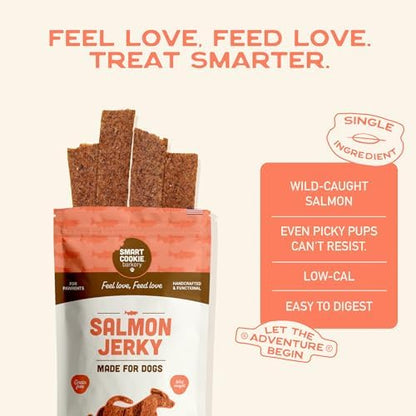 Smart Cookie Salmon Jerky Dog Treats - DHA, Omega Strips for Dogs & Puppies with Allergies, Sensitive Stomachs with Wild Caught Alaskan Salmon- Dehydrated, Grain Free, Made in USA - 3oz Bag, Pack of 3