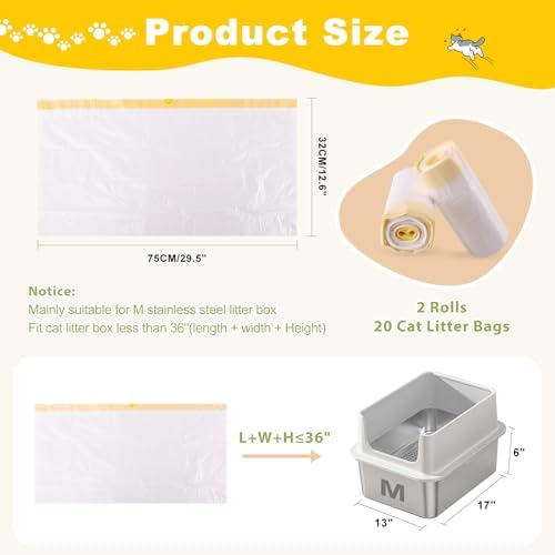 Litter Box Liners 20 Count, 29.5" x 12.6" Medium 3MIL Thicken Cat Litter Bags Tear Resistant Disposable Cat Litter Liners for M Stainless Steel Litter Box and Other Suitable Size Litter Box