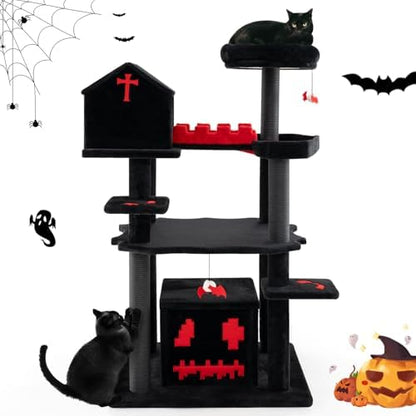 PETSITE 49 inch Gothic Cat Tree, Multi-Level Halloween Goth Cat Tree Tower with Coffin Bed, Scratching Posts, 2 Condos, Cozy Top Perch, Bat-Shaped Teasing Balls, Black