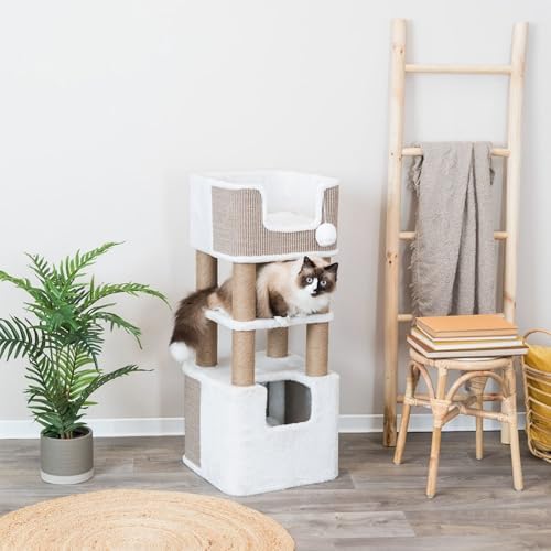 Trixie Lucano 39.8-in Cat Tree, Indoor Cat Furniture with Jute Scratching Posts, Sisal and Plush Covered Condo, Dangling Interactive Toys, Taupe