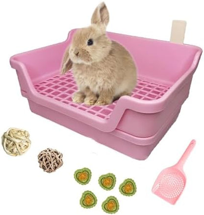 PINVNBY Large Rabbit Litter Box Deep Bunny Corner Toilet Box Double-Deck Small Animal Potty Trainer with Hooks for Adult Guinea Pig Chinchilla Ferret Chipmunk (Pink)
