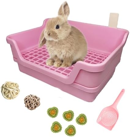 PINVNBY Large Rabbit Litter Box Deep Bunny Corner Toilet Box Double-Deck Small Animal Potty Trainer with Hooks for Adult Guinea Pig Chinchilla Ferret Chipmunk (Pink)