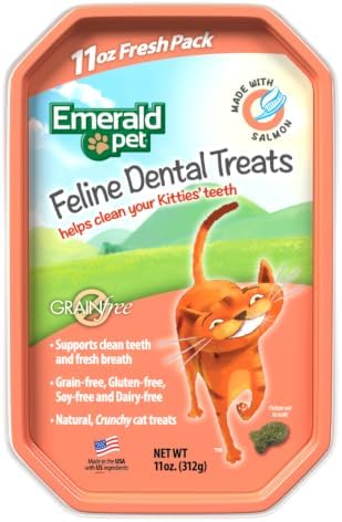 Emerald Pet Grain-Free Cat Dental Treats with Salmon – Crunchy Natural Dental Treats for Cats to Clean Teeth, Freshen Breath, and Reduce Plaque & Tartar – 11 oz Tub