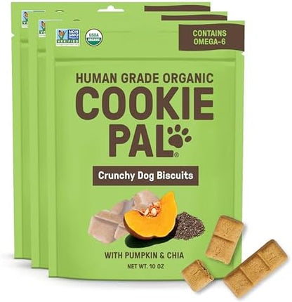 CookiePal Pumpkin Dog Treats with Chia, Human Grade USDA Organic Dog Training Treats, Crunchy Natural Puppy Training Biscuits, 10oz (Pk of 3)