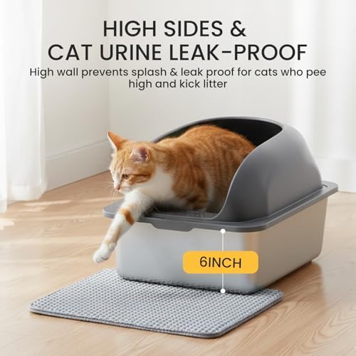 HealSmart Stainless Steel XL Cat Litter Box, Extra Large Cat Litter Box with Lid, High Sided Metal Litter Tray for Big Cats, Anti-Urine Leakage Non-Stick Easy Clean, Dark Gray