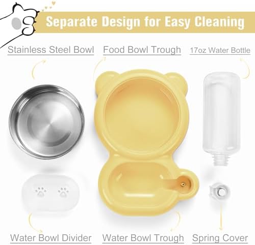 Dog Bowls, Cat Food and Water Bowl Set with Water Dispenser and Stainless Steel Bowl for Cats and Small Dogs - Yellow