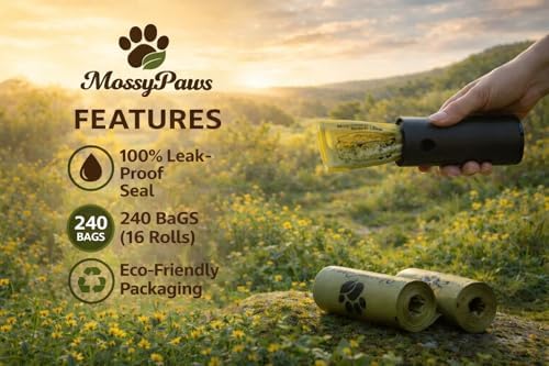 MossyPaws Biobased Dog Poop Bags – 240 Count (16 Rolls) – Plant-Based, Leak-Proof, Durable – Eco-Friendly Pet Waste Bags with Recyclable Packaging – 9x13 Inch – Fits All Dispensers