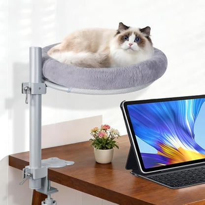 Cat Desk Bed,Steel Cat Bed for Desk,Up and Down Available,360° Rotating, Shelf Height Adjustable, Desktop Attachment Cats Nest Perch Hammock for Office Game Tables, Supports 40lb (Dark Gray