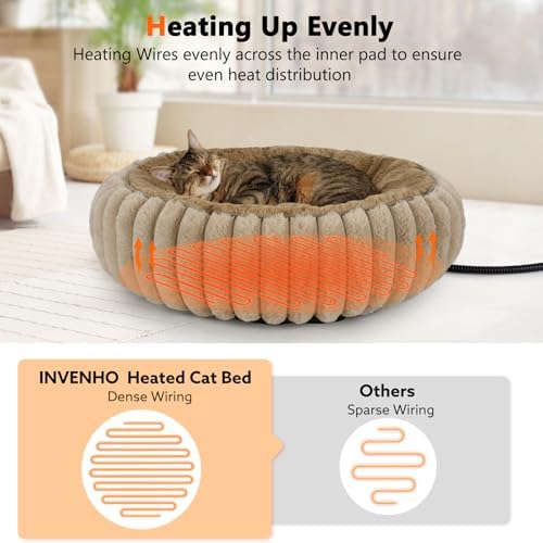 INVENHO Heated Cat Beds for Indoor Cats and Small Dogs, 24" Cozy Donut Heated Pet Bed with Timer & Temp Adjustable, Removable Waterproof Electric Warming Bed for Indoor Cat