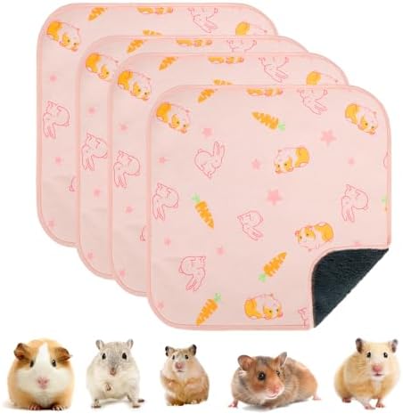 Homimp 4 Pack Guinea Pig Cage Liners, Washable Small Animal Bedding, Waterproof Reusable & Anti Slip Guinea Pig Pee Pad Fast and Super Absorbent Mat for Small Animal Rabbit Bunny Hamster, Pink 12"x12"