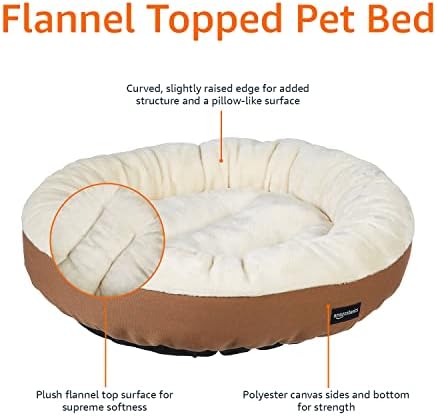 Amazon Basics Round Bolster Pet Bed for Dog or Cat with Flannel Top, 20.0" L x 20.0" W x 6.0" Th, Up to 11lbs, Brown and Ivory