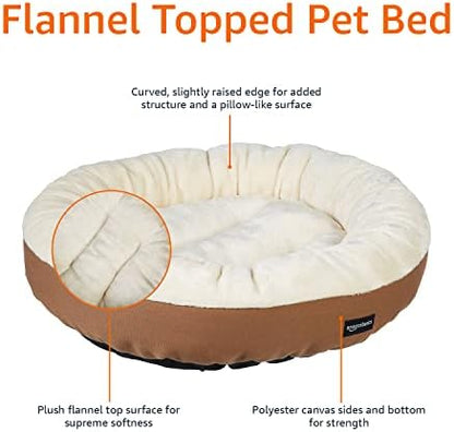Amazon Basics Round Bolster Pet Bed for Dog or Cat with Flannel Top, 20.0" L x 20.0" W x 6.0" Th, Up to 11lbs, Brown and Ivory