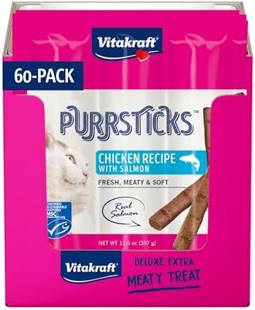 Vitakraft PurrSticks for Cats - Nutritious & Healthy Soft Cat Treats - Gently Oven Roasted Meat Sticks for Cats w/ 70% Meat - Easy-to-Serve Cat Chew Sticks (Salmon, 60 Pack)