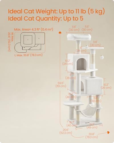 Feandrea Cat Tree, 59.5-Inch Tall Cat Tower, Multi-Level Condo, Cream White