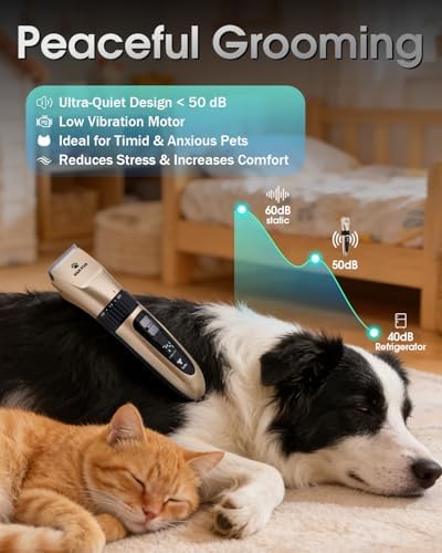 M&M STAR Dog Grooming Kit, Low Noise Dog Clippers, 2-Speed IPX7 Waterproof, Rechargeable Cordless Pet Hair Clippers Trimmer Shaver with LED Display for Dogs and Cats, Gold