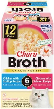 INABA Churu Broth for Cats, Side Dish Pouch, 1.4 Ounces per Pouch, 12 Pouches, Chicken Variety