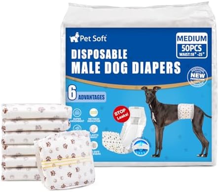 Pet Soft Dog Diapers Male - Disposable Male Dog Wraps Wetness Indicator, Ultra Absorbent Doggie Diapers Comfortable for Incontinence Excitable Urination, 50pcs Medium