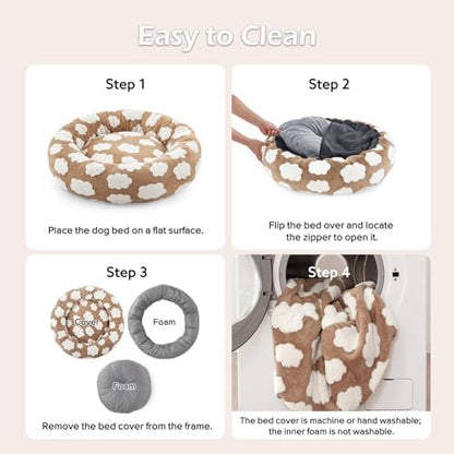 JOEJOY Jacquard Donut Round Dog Beds Medium Sized Dog,Brown 30x30x8in, Removable Washable Cover, Cute Pattern, Ultra Soft Fluffy Calming Pet Bed with Thick Supportive Bolster