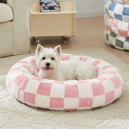 Ohocut Checkered Dog Bed, Cute Girly Pink Retro Style Aesthetic Round Warming Pet Calming Beds for Small Dog and Cats, Plush Cozy Donut Dog Beds Washable, 30" L x 30" W x 8" Th