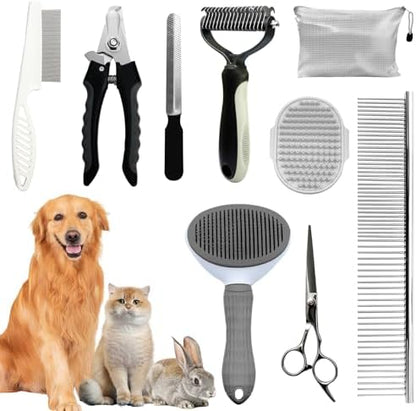 Dog Brush & Grooming Kit – 9-Piece Pet Brush & Deshedding Set for Shedding, Bathing, Trimming & Nail Care | Grooming Tools for Dogs & Cats, Includes Comb, Nail Clipper, Scissors, Slicker Brush (Gray)
