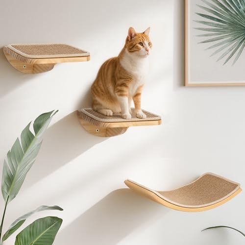 Cat Wall Shelves, Cat Window Perches with Curved Bed & 2 Sisal Mat Steps