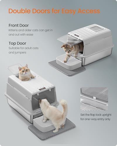 Feandrea Stainless Steel Cat Litter Box with Flip Lid, 2 Doors, Scoop