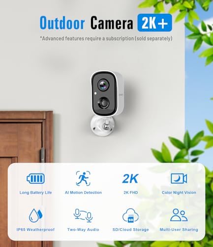 Security Cameras Wireless Outdoor, 2K Cameras for Home Security with Color Night Vision, SD/Cloud Storage,Longer Battery Life, Weatherproof, AI Motion Detection, Spotlight Siren Alarm