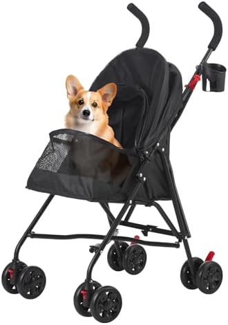 Pet Stroller Oxford Cloth Foldable Dog Strollers for Small Dogs and Cats Suitable for All Road Surfaces Wide-View Panoramic Window 4 Wheels with Brakes Portable Design, Easy to Store (Black)