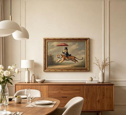 Vintage Gold Framed Whimsical Animal Wall Art, Gentleman Frog Riding Tiger Oli Painting Canvas Print, Antique Quirky Wall Decor, Anthropomorphic Fantasy Picture Poster Artwork for Bedroom Living Room