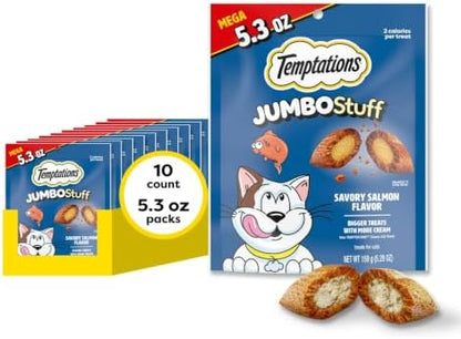 Temptations Jumbo Stuff Crunchy & Soft Cat Treats, Salmon, 5.3 oz, 10 Pack