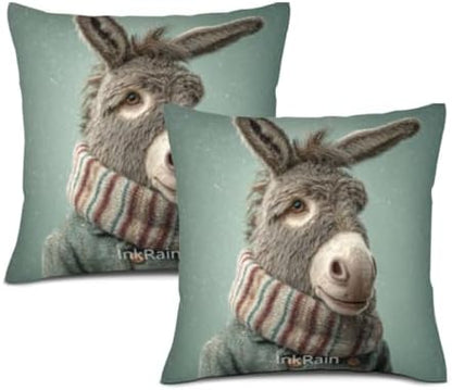 InkRain Winter Animal Cute Donkey Pillow Cover 26x26 Inch Set of 2 Home Decor Decorative Cotton Linen Illustration Pillowcases for Living Room House Sofa
