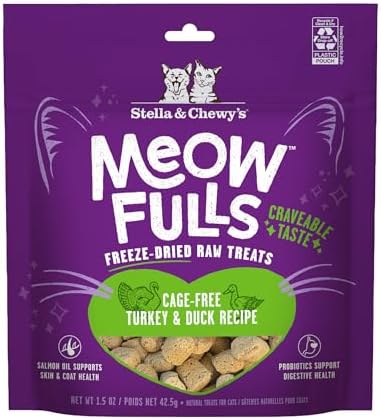 Stella & Chewy's Meowfulls Freeze Dried Cat Treats - Turkey & Duck Recipe - Raw Protein with Probiotics & Salmon Oil - 1 Calorie Per Treat - 1.5 oz