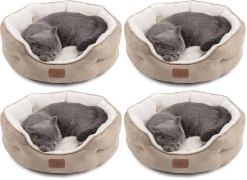 Bedsure Dog Beds for Small Dogs - Round Cat Beds for Indoor Cats, Washable Pet Bed for Puppy and Kitten with Slip-Resistant Bottom, 20 Inches, Camel (Pack of 4)