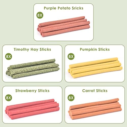ERKOON 40Pcs Rabbit Timothy Hay Sticks, Five Flavors：PurplePotato/TimothyHay/Pumpkin/Strawberry/Carrot，Suitable Guinea Pig, Hamste, Gerbil, Chinchilla Treats, Chew Toys for Teeth for Bunnies