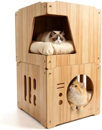 Large 2double-Deck Cat Fort with Mat for Pet Cat Cave for Indoor Cats Cat House for Multi Pet Large Kitten Kitty Cat Bed Wooden Style 15 * 15 * 30 inches (cat shlter 2layer with mat Burlywood)