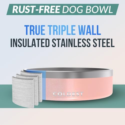 Coldest Dog Bowl - Anti Rust Metal, Non Slip, 3 Layers Insulated Stainless Steel Dog Bowls - Spill Proof & Heavy Duty - Water Bowl for Dogs, Cats & Pets, Dish Washer Safe (42 oz, Forever Pink Glitter)