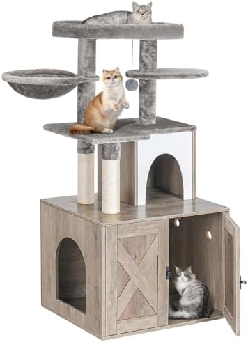 Snughome Cat Litter Box Enclosure with Tree Tower and Condo, Hidden Washroom Furniture with Sisal Scratching Post and Soft Plush Perch, Wooden Cat Furniture with Multiple Platforms, Grey