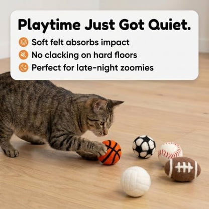 Glaciart One Sports Wool Balls for Cats – 5 Pcs with Catnip Pouch - Soft Fuzzy Enrichment 100% Natural Felt Cat Toy - Interactive Play Cat Toy Set - Safe for Pets, Non-AZO Colored Dyes – 1.6”