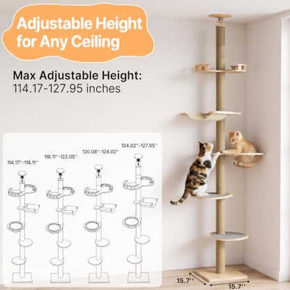 Floor to Ceiling Cat Tree Tower, 5T Adjustable Height 114-127.95”