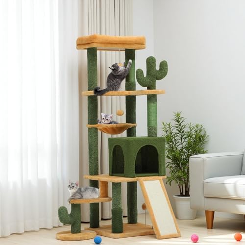 DWVO Cactus Cat Tree for Large Cats: 60" Tall with Self-Grooming Brush, Cute Kitten Climbing Tower for Indoor Kittens with Cat Condo, Top Perch, Basktet, Sisal Scratching Posts, Dangling Ball