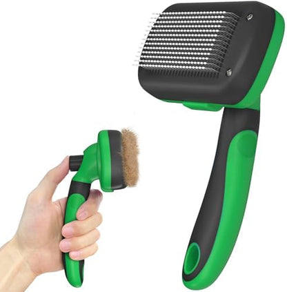 Dipoo Self Cleaning Deshedding Brush for Dogs & Cats - Skin Friendly Grooming Tool with Hair Removal for Haired Pets, Green