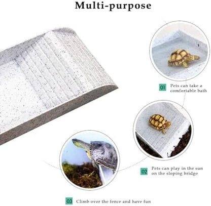 kathson Reptile Tortoise Turtle Feeding Dish with Ramp and Basking Platform Plastic Turtle Food and Water Bowl Also Fit for Bath Horned Frogs Lizards Amphibians(White, Emulational Granite)
