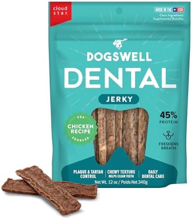 DOGSWELL Dental Jerky Dog Treats, Chicken, All Life Stages, 12 oz.