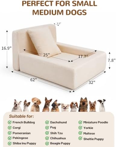 Boucle Dog Bed with Pillow, Furniture Style Dog Couch with Backrest, Washable Calming Pet Sofa Lounge for Small Medium Dogs, Beige