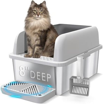 Suzzipaws XL 8" Deep Enclosed Stainless Steel Cat Litter Box for Big Cats