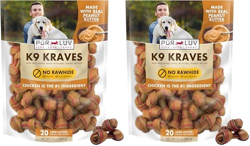 Pur Luv K9 Kraves Rawhide Free Bone Dog Treats, Peanut Butter Flavor, Made with Real Peanut Butter and Chicken, Healthy,Easily Digestible,Long Lasting, and High Protein Dog Treat, 20 Count (Pack of 2)
