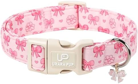 Pink Bow Dog Collar, Summer Cotton Adjustable Pink Bow and Flower Pattern Collar with Cute Pendant, Soft Comfortable Puppy Collar for Small Medium Large Dogs Girls